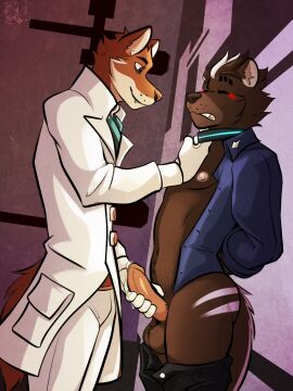 2025 anthro artemis_(remember_the_flowers) balls balls_tuft black_bottomwear black_clothing black_nose black_pants blue_dress_shirt blush bodily_fluids body_hair bottomwear bottomwear_down brown_body brown_fur brown_hair bryn_the_marten button_(fastener) cheek_tuft clothed clothed_male clothing coat collar collar_pull collared_shirt dated dress_shirt dripping duo erection facial_tuft fully_clothed fully_clothed_male fur genital_fluids genitals gloves glowing glowing_clothing glowing_collar gulonine hair hand_on_penis hands_behind_back handwear happy_trail hi_res holding_penis labcoat leaking_precum male male/male mammal marten mustelid musteline navel nipples open_clothing open_shirt open_topwear orange_body orange_fur pants pants_down partially_clothed partially_clothed_male penis pink_body pink_fur pink_hair pink_nipples pink_nose pink_stripes precum precum_drip precum_on_own_penis remember_the_flowers sable_(marten) shirt short_hair signature smile stripes tail tan_body tan_fur topwear tuft ventkazemaru watermark whisker_spots