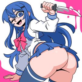 1girls arony_meus ass ass_focus big_ass blue_eyes blue_hair bubble_ass bubble_butt danganronpa danganronpa:_trigger_happy_havoc female female_only knife light-skinned_female maizono_sayaka pink_blood school_uniform seifuku solo tagme white_background