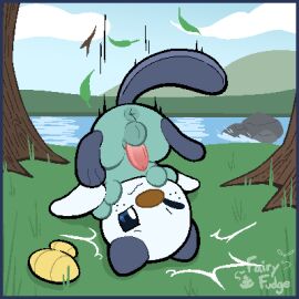 1:1 anus balls digital_media_(artwork) emanata embarrassed erection fairyfudge falling_leaves generation_5_pokemon genitals grass lying male motion_lines nintendo one_eye_closed oshawott outside penis plant pokemon pokemon_(species) river seashell semi-anthro shell signature solo tail tree upside-down