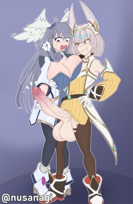 1futa 1girls 2024 animal_ears balls bangs big_breasts big_penis blue_hair breasts clothed clothing cock_shock commission commissioner_upload duo erection female fully_clothed futa_on_female futanari handjob huge_balls huge_breasts huge_cock huge_penis humanoid humanoid_penis intersex kemonomimi large_balls large_breasts large_penis leggings light-skinned_female light-skinned_futa light_skin long_hair melia_antiqua melia_antiqua_(xenoblade_3) mostly_clothed nia nusanagi penis penis_awe penis_out queen_nia ripped_clothing short_hair smug standing surprised uncensored wings_on_head xenoblade_(series) xenoblade_chronicles_3