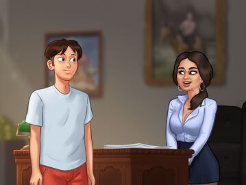 1boy 1girls 2d 2d_(artwork) brown_hair darkcookie duo female katya_(summertime_saga) light-skinned_female light-skinned_male light_skin long_hair main_character_(summertime_saga) male male/female office room standing summertime_saga