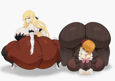 2girls all_fours arusen ass ass_bigger_than_head ass_bigger_than_torso ass_body ass_in_dress beatrice_(umineko) big_ass big_breasts blonde_hair blue_eyes bottom_heavy breasts bubble_butt busty clothing crossover crouching dress face_down_ass_up fat_ass female female_only hand_on_ass hand_on_own_ass heels huge_ass huge_breasts hyper hyper_ass kiss-shot_acerola-orion_heart-under-blade large_ass large_breasts looking_at_viewer looking_back massive_ass monogatari_(series) shoes smile squatting thick_ass thick_thighs thunder_thighs top-down_bottom-up umineko_no_naku_koro_ni vampire vampire_girl white_background wide_hips yellow_eyes