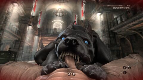 abs absurd_res angry big_penis bj_blazkowicz blue_eyes canid canine canis claws clothed clothing defeated dobermann domestic_dog dominant dominant_male duo eye_contact fangs fellatio fellatio_from_feral feral game_over gameplay_mechanics genitals hi_res human humanoid_genitalia kampfhund looking_at_another looking_at_viewer male male/male mammal obsceneeighteensfm oral partially_clothed paws penile penis pinned pinscher sex teeth toothy_grin wolfenstein zoophilia