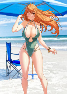 1girls arm_tattoo beach beach_chair beach_umbrella blue_tattoo bracelet breasts brown_eyes chair choker clouds female female_only green_one-piece_swimsuit green_swimsuit highleg highleg_one-piece_swimsuit highleg_swimsuit large_breasts long_hair looking_at_viewer nami_(one_piece) ocean one-piece_swimsuit one_piece orange-haired_female orange_hair outside sky solar_(happymonk) swimsuit tattoo tattooed_arm umbrella water