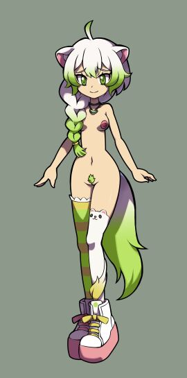 1girls animal_ears braid braided_hair braided_ponytail breasts female female_only ferret ferret_girl green_eyes green_highlights indie_virtual_youtuber laimu long_hair mismatched_legwear naked naked_footwear navel nipples niyuyu nude nude_female pink_sneakers ponytail pussy shoes sneakers solo stockings virtual_youtuber vtuber white_hair