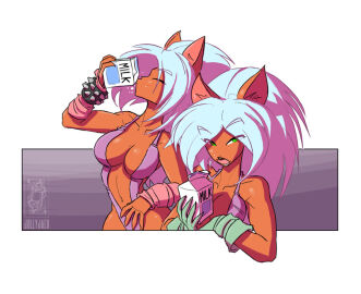 80s_clothing 80s_hair annapuma anthro big_hair dominion_tank_police drinking drinking_milk feline jolly_jack jollyjack leotard milk neko unipuma