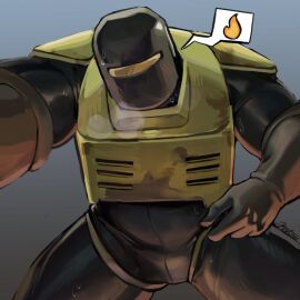 1boy 2024 ambiguous_bulge armor bara beefy black_clothing blush blush_lines breath breath_cloud bulge_through_clothing clothed emoji fire fully_clothed gloved_hands gloves hands_on_hips heat helmet in_heat kart2nos latex looking_at_viewer looking_down male male_only mask masked_male miner_(risk_or_rain) no_visible_face no_visible_genitalia pants pov risk_of_rain rubber_suit safe simple_background stocky suggestive sweat sweatdrop welding_mask yaoi yellow_armor