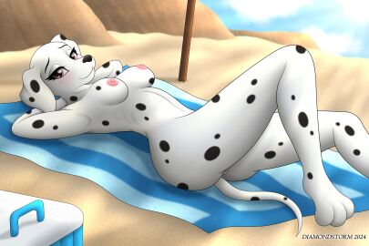 101_dalmatians anthro arched_back beach black_spots blush breasts canid canine canis dalmatian diamondstorm disney domestic_dog female fur genitals hands_behind_head hi_res light looking_at_viewer lying mammal nipples nude on_back outside perdita purple_eyes pussy raised_leg sand slim solo spots sunbathing sunlight tail towel white_body white_fur