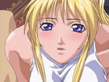 00s 1girls 2001 animated bible_black bible_black_night_of_the_walpulgiss blonde_hair blush breasts female high_ponytail large_breasts nodding purple_eyes saeki_kaori sleeveless tagme