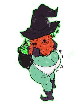 1girls artist_logo ass ass_cleavage ass_cleavage_tanline ass_crack ass_out back_view big_ass big_butt big_hat black_socks boiling bottom_heavy butt_crack cauldron digital_media_(artwork) facing_away female female_focus female_only flat_colors freckles freckles_on_ass green_mist green_skin halloween_decoration hi_res high_angle_view highres kojoarts liver_spots long_socks messy_hair orange_hair overhead_view potion small_panties solo_female spider_web spiders spots_on_ass stirring tanline twitch_lines underwear_halfway_down warts white_background white_panties wide_hips wild_hair witch witch_hat