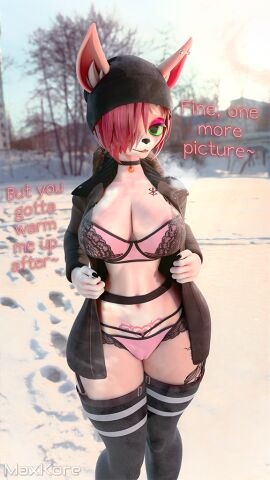 2024 3d 5_fingers anthro areola areola_slip beanie bell bell_collar big_breasts bra breasts camel_toe cameltoe canid canine claws clothing coat collar dialogue digital_media_(artwork) ear_piercing english_text female fingers fox fur garter_straps green_eyes hair hat headgear headwear katie_(maxkore) lace legwear looking_at_viewer mammal maxkore navel outside oversized_clothing panties piercing pink_bra pink_clothing pink_panties pink_underwear pubic_tattoo public public_exposure pussy red_hair signature slim snow solo standing tan_body tan_fur tattoo text thigh_highs topwear underwear winter womb_tattoo