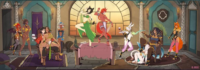 1boy 6+girls :d :o alcohol all_fours animal_ears antlers armlet arms_behind_back artist_name ass ball_gag balls barefoot belly_dancer belly_dancer_outfit belt black_choker black_collar black_hair black_panties blonde_hair bondage bottle bound bound_wrists bracelet breasts bridal_gauntlets brown_eyes brown_footwear brown_pants carpet cat_ears cat_girl cat_tail chains chair choker cleavage clenched_hand collar colored_skin covered_nipples cunnilingus cup d-rex dancer dancing dark-skinned_female dark_skin deer_ears deer_tail demon demon_girl demon_tail demon_wings drinking_glass female fins fish_tail food fox_ears fox_girl fox_tail full_body gag green_skirt grin groin hair_between_eyes hair_ornament hand_up highres holding holding_tray horns horse_girl horse_tail indoors jacket jewelry large_breasts long_hair magic male multicolored_hair multicolored_skin multiple_females multiple_girls navel nipples oral orange_hair original panties pants parted_bangs pink_eyes pointy_ears pussy rabbit_ears rabbit_girl rabbit_tail red_hair red_jacket reindeer_antlers rope scar scar_across_eye see-through see-through_legwear sex shiny_skin short_hair sitting skirt slave small_breasts smile spread_legs standing standing_on_one_leg table tail teeth testicles thighhighs toeless_footwear toeless_legwear tongue tray two-tone_hair two-tone_skin underwear vaginal_penetration white_hair white_skin white_thighhighs window wine wine_glass wings