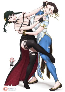 3girls absurdres anya_forger ass assassin big_breasts black_dress black_hair black_thighhighs blue_pants boots bracelet breasts brown_eyes brown_hair catfight china_dress chinese_clothes chun-li chun-li_(street_fighter_6) cleavage crossover dirty dismaiden double_bun dress earrings eyeshadow female female_human female_only fighting flats full_body gold_earrings gold_hairband grabbing_another's_hair grabbing_hair hair_bun hair_grab hairband high_heel_boots high_heels highres huge_breasts human jewelry large_breasts leg_around_another's_leg makeup mature_female multiple_females multiple_girls pants pearl_earrings pelvic_curtain pink_hair red_eyes red_eyeshadow referee shirt shoes spy_x_family street_fighter street_fighter_6 striped_clothes striped_shirt thick_thighs thigh_boots thighhighs thorn_princess torn_clothes torn_dress torn_pants two-sided_dress two-sided_fabric vertical-striped_clothes vertical-striped_shirt yor_briar yor_forger