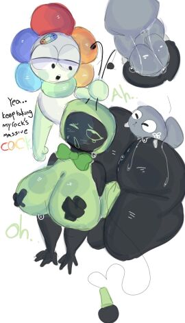 1dog 1girls 2boys ambiguous_penetration balls balls_deep bandage beastiality bestiality bow bowtie breasts breasts_out dandy's_world dandy_(dandy's_world) dialogue female flower grabbing green_body holding_antennae impregnated_by_animal knot knotting male moaning nipples_covered nonchalant pebble_(dandy's_world) petals roblox robot robot_girl rock solo007_(artist) sweat tv tv_head vee_(dandy's_world) vee_getting_raped white_background zoophilia