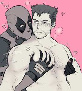 2boys bara beard_stubble blank_eyes blush chest_hair collarbone deadpool deadpool_&_wolverine_(2024) facial_hair from_behind gay gloves greyscale_with_colored_background hand_on_another's_chest heart james_howlett large_pectorals logan_(x-men) looking_at_another male male_focus male_only marvel marvel_comics mask mature_male motion_lines multiple_boys multiple_males muscular muscular_male mustache_stubble navel_hair nipple_stimulation nipple_tweak nipples nude parted_lips pectoral_grab pectorals pink_background sherlock7akane short_hair simple_background stubble sweat teeth twitter_username upper_body wade_wilson wolverine_(x-men) x-men yaoi