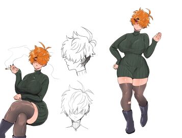 1girls arm_below_breasts aunt aunt_hellen_(insouwu) belly_button big_breasts black_nail_polish black_nails blush blushing boobs boots breasts cigarette cigarette_smoke collar dark_nails earring earrings fangs female female_focus female_only flustered hair_between_eyes hair_covering_eyes hair_over_one_eye holding holding_cigarette holding_object insouwu legs legs_crossed messy_hair milf nail_polish nails_painted nipples_visible_through_clothing oc orange_hair original_character pose red_eyes short_hair sweater thick thick_hips thick_thighs thigh_highs thighhighs white_body white_skin