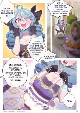 2girls big_breasts blue_eyes blue_hair blush breasts cafe_cuties_series comic comic_page comic_panel drill_hair female gwen_(league_of_legends) happy large_breasts league_of_legends light-skinned_female light_skin maid maid_headdress maid_outfit maid_uniform page_4 page_number pale-skinned_female pale_skin ribbon_in_hair riot_games strongbana text uniform watermark zeri_(league_of_legends)