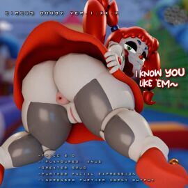 3d animatronic anus ass baby_(fnafsl) big_ass big_butt circus_baby circus_baby_(fnaf) circus_booby dialogue donut_anus female five_nights_at_freddy's five_nights_at_freddy's:_security_breach five_nights_at_freddy's:_sister_location green_eyes jordevoir looking_at_viewer looking_back presenting presenting_hindquarters puffy_anus pussy red_eyes robot robot_girl skirt solo text thick_thighs thighs twintails