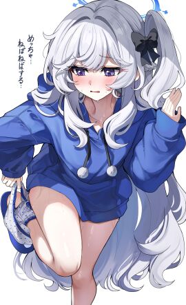 1girls absurdres blue_archive blue_hoodie blush commentary_request female hair_intakes highres hood hood_down hoodie light-skinned_female light_skin long_hair miyako_(blue_archive) miyako_(young)_(blue_archive) nose_blush one_side_up open_mouth panties panties_around_one_ankle panty_pull polka_dot polka_dot_panties pulling_own_clothes purple_eyes pussy pussy_juice pussy_juice_stain rabbit_squad_(blue_archive) sak_(lemondisk) simple_background solo srt_special_academy_student stained_panties standing standing_on_one_leg sweat thighs translation_request underwear very_long_hair wet wet_clothes wet_panties white_background white_hair white_panties