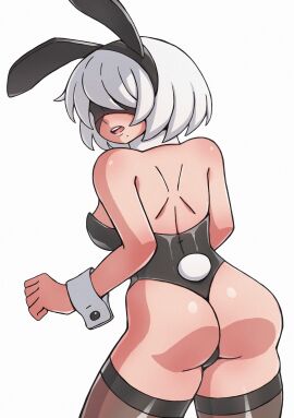 2d 2d_(artwork) ass back back_view beauty_mark big_ass big_butt black_clothing blindfold blindfolded bob_cut breasts bunny_ears bunny_girl bunny_tail bunnysuit closed_hands female female_only long_socks looking_at_viewer nier:_automata nier_(series) open_clothes open_mouth short_hair shoulder_length_hair shoulders simple_background solo solo_female teeth tixxto tongue white_background white_hair yorha_2b