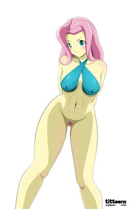 abs bikini_top blue_bikini_top boobieboom bottomless bottomless_female equestria_girls erect_nipples erect_nipples_under_clothes female fluttershy_(eg) fluttershy_(mlp) friendship_is_magic hands_behind_back my_little_pony my_little_pony_equestria_girls my_little_pony_friendship_is_magic nipple_bulge nipples pink_hair pubic_hair transparent_background yellow_skin