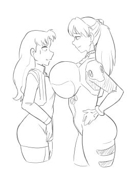 2girls alternate_breast_size ass asuka_langley_sohryu asymmetrical_docking big_breasts bodysuit bolt_on_tits breast_envy breast_implants breast_press breasts busty confident enhanced_breasts face-to-face fake_breasts female from_side half-closed_eyes hands_on_hips highres huge_breasts implants jacket legs long_hair looking_at_another mature mature_female misato_katsuragi monochrome multiple_females multiple_girls neon_genesis_evangelion open_clothes open_jacket plugsuit pose posing rexcrash64 sensual sideboob silicone silicone_implants sketch small_breasts smile thick_thighs thighs twintails