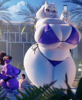 1boy 2girls 3d 3d_(artwork) anthro bikini deltarune female furry giantess glasses large_female male milf mini_giantess mothers_day pool render scalie scrag_boy string_bikini susie_(deltarune) taking_selfie toriel toriel_(bom39) undertale