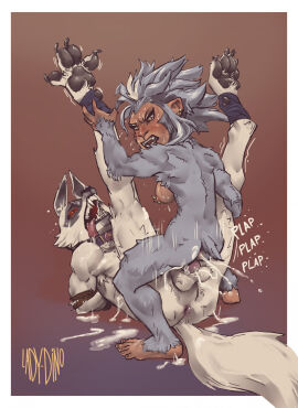 animal_genitalia animal_penis anthro anus arms_tied balls between_legs bodily_fluids bondage bound breasts canid canine canine_genitalia canine_penis canis cheek_tuft claws collar cum cum_drip cum_in_pussy cum_inside cum_on_ground cum_overflow death_(puss_in_boots) dominant dominant_female dreamworks dripping duo ear_piercing exhausted facial_markings facial_tuft female fluffy fluffy_tail fur fuzzy genital_fluids genitals grey_body grey_fur hands_behind_back haplorhine head_markings head_tuft hi_res holding_both_legs holding_leg kazahana knot ladydino legs_up looking_pleasured lying male male/female mammal markings mask_(marking) monkey motion_lines narrowed_eyes nipple_piercing nipples nude on_back open_mouth overstimulation overwhelmed pawpads penetration penis piercing plap plap_(sound) primate puss_in_boots_(dreamworks) puss_in_boots_(film) puss_in_boots_the_last_wish pussy red_eyes restrained restrained_arms restraints shock_collar shrek_(series) slim spread_legs spreading standing submissive submissive_male sweat sweatdrop tail tired tongue tongue_out tuft vaginal_penetration white_body white_fur wolf