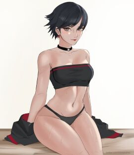 1girls artist_name black_choker black_hair black_panties black_tube_top boruto:_two_blue_vortex breasts choker commentary earrings english_commentary female female_only glasses grey_eyes highres jewelry lipstick looking_at_viewer naruto naruto_(series) navel panties sarada_uchiha short_hair simple_background sitting small_breasts solo solo_focus strapless sweat thighs tube_top twitter_username uchiha_sarada uchihaniray underwear watermark web_address white_background