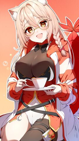 :d animal_ear_fluff animal_ears bangs black_bow blonde_hair blush bow braid braided_bangs breasts brown-framed_eyewear brown_eyes cleavage covered_navel cup ebiko_(vtuber) female glasses hair_between_eyes hair_ornament hairclip holding holding_cup holding_plate holding_saucer hood jacket large_breasts leotard leotard_under_clothes long_hair long_sleeves looking_at_viewer oerba_yun_fang open_clothes open_jacket open_mouth plate puffy_long_sleeves puffy_sleeves red_bow red_jacket saucer single_leg_pantyhose single_thighhigh sitting smile solo tail teacup thighhighs virtual_youtuber white_jacket white_leotard