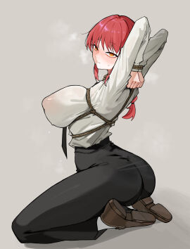 absurdres arms_up ass black_pants bondage bound breasts chainsaw_man closed_mouth covered_erect_nipples female formal_clothes grey_background highres huge_breasts long_hair mac_(pixiv31869137) makima_(chainsaw_man) orange_eyes pant_suit pants red_hair revision seiza shirt sitting solo steaming_body suit sweat white_shirt