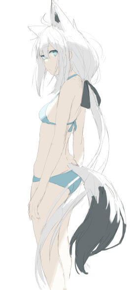 ahoge animal_ears ass bikini black_ribbon blue_bikini blue_eyes braid breasts female fox_ears fox_girl fox_tail hair_ribbon halterneck highres hololive hololive_gamers hololive_gen_1 hololive_japan kujira_pasta long_hair looking_at_viewer low_ponytail multi_ear ribbon shirakami_fubuki side_braid simple_background sketch small_breasts solo standing string_bikini swimsuit tail virtual_youtuber white_background white_hair