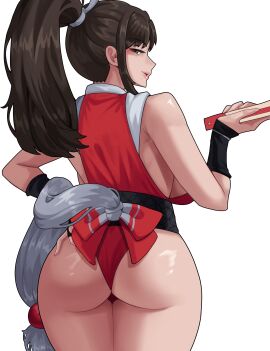 absurdres arapanchi ass bow breasts brown_eyes brown_hair fatal_fury female folded_fan folding_fan from_behind hand_fan hand_up high_ponytail highres holding holding_fan japanese_clothes king_of_fighters large_breasts legs_together long_hair looking_at_viewer looking_back mai_shiranui motoyui ninja parted_lips ponytail red_bow revealing_clothes sash sideboob simple_background sleeveless smile snk solo white_background wide_hips wrist_guards