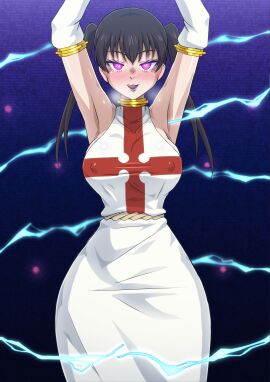 1girls big_breasts black_hair blush blushing_at_viewer brainwashed brainwashing breasts collar corrupted corruption en'en_no_shouboutai enemy_conversion enen_no_shouboutai evil evil_smile female female_only fire_force glowing_eyes kotatsu_tamaki licking_lips lightning_bolt mind_control nipple_bulge no0o0n0o0on purple_eyes sideboob solo twintails white_dress