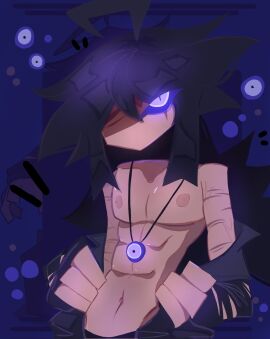 1boy black_hair blue_eye buff chest female fundamental_paper_education jacket_open long_hair machine_girl_(kaaatie) male miller_(kaaatie) missing_eye muscular necklace nipples one_eye_visible ripped_clothing scars that_crazy11