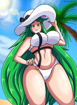 breasts female female_only funkythor64 green_eyes green_hair green_lips green_lipstick kid_icarus nintendo palutena solo sun_hat swimsuit tagme white_swimsuit