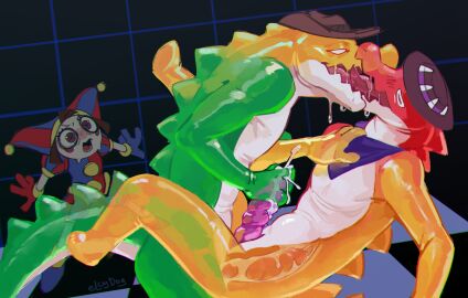 1girls 2boys alligator alligatorid anal anal_sex anthro ass bodily_fluids candy chad_(the_amazing_digital_circus) clothing cowboy_hat crocodilian cum cum_in_ass cum_inside cumshot dessert duo ejaculation elcy female food food_creature fool's_hat french_kissing gay genital_fluids glitch_productions gloves gummigoo_(the_amazing_digital_circus) gummy_(food) gummy_creature handjob handwear hat hat_only headgear headgear_only headwear headwear_only hi_res humanoid incest jester_outfit kerchief kissing living_candy male male/male male_focus male_penetrated male_penetrating male_penetrating_male mostly_nude neckerchief nude penetration penile penile_penetration penis penis_in_ass pomni_(the_amazing_digital_circus) reptile scalie sex tail the_amazing_digital_circus tongue tongue_out translucent translucent_body voyeur white_body yaoi