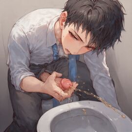 anime artist_name artist_upload bathroom big_penis black_hair erection jstfelix male male_focus male_only oc original original_character pee_on_hand peeing penis tie toilet toilet_use urine