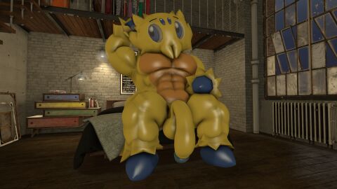 1boy 3d abs arm_behind_head arm_up black_eyes blue_eyes book bookshelf brick_wall chair claws erection full_body furry indoors joltik lamp looking_at_viewer male male_focus male_only mightyk7 muscular muscular_male navel night nintendo pectorals pokemon pokemon_(species) pokémon_(species) shiny_skin sitting solo thick_thighs thighs window wooden_floor yellow_fur