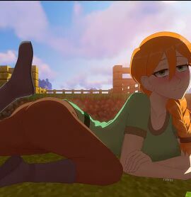 1girls 2d 3d alex_(minecraft) background blush boots braid brown_clothing clothed clothed_female clothing embarrassed eyes female female_only footwear green_clothing green_eyes hair leg_up light-skinned_female light_skin long_hair looking_at_viewer lying minecraft mixed_media on_ground on_stomach open_eyes outside pants ponytail pose red_hair sad screencap screencap_background shirt short_sleeves solo t-shirt toby55 watermark
