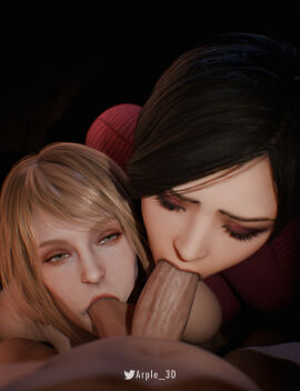 1boy 2girls 3d ada_wong arple_3d ashley_graham ashley_graham_(ella_freya) asian balls blender blowjob capcom closed_eyes eye_contact female lips male resident_evil resident_evil_4 resident_evil_4_remake