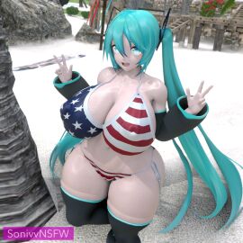 1girls 3d 3d_model 4th_of_july american_flag_bikini ass beach bikini blue_eyes blue_hair breasts female hatsune_miku huge_ass huge_breasts solo sonivvnsfw standing thick_thighs thighhighs twintails vocaloid