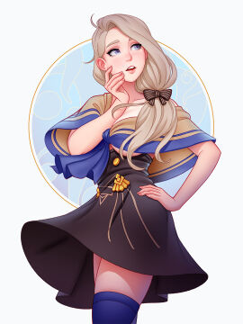 1girls black_skirt blonde_hair blue_eyes bow breasts capelet cleavage female female_only fire_emblem fire_emblem:_three_houses garreg_mach_monastery_uniform gold_trim hair_ornament hairbow hand_on_own_cheek hand_on_own_face hand_on_own_hip highres large_breasts long_hair looking_to_the_side mercedes_von_martritz nail_polish nintendo no_bra no_shirt revision simple_background skirt thighhighs thighs tsuaii underboob wind wind_lift