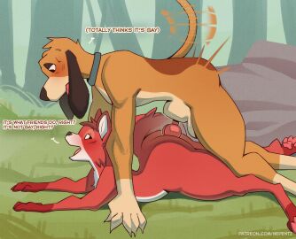 absurd_res anal anal_sex animal_genitalia animal_penis anthro anthro_only ass balls blush canid canine canine_genitalia canine_penis canis claws collar collar_only copper_(tfath) dialogue disney doggy_style domestic_dog duo english_text femboy forest fox from_behind_position furry gay genitals grass hi_res knot larger_male lying male male/male male_penetrated male_penetrating male_penetrating_male motion_lines nature nepentz no_homo nude on_front on_ground open_mouth outside outside_sex pawpads paws penetration penile penile_penetration penis penis_in_ass plant question_mark sex size_difference tail text the_fox_and_the_hound tod_(tfath) tongue tree