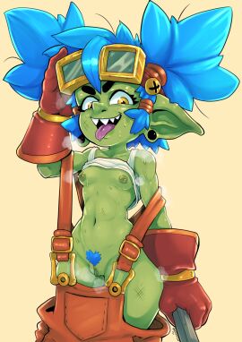 2024 absurd_res areola blue_hair bodily_fluids breasts clothed clothing ear_piercing eyewear eyewear_on_head female gauged_ear genitals gloves goblin goblin_female goggles goggles_on_head green_body green_skin hair handwear hi_res holding_object humanoid humanoid_pointy_ears mechanic medium_breasts navel nerdbayne nipple_piercing nipples notched_ear open_mouth open_smile overalls piercing pointy_nose pubes pussy raised_clothing raised_shirt raised_tank_top raised_topwear sharp_teeth shirt signature simple_background smile solo sweat tan_background tank_top teeth tied_hair tongue tongue_out topwear twintails yellow_eyes