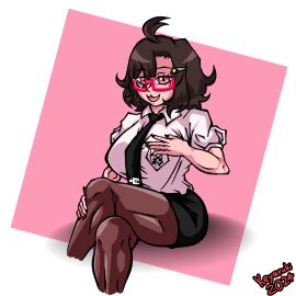brown_hair female glasses keyaruki muscular muscular_female nerd nerdy_female office_clothing saki_(seireiart) shirt tie