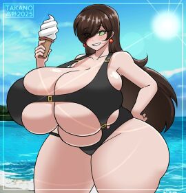1girls ass beach black_swimsuit boob_window breasts brown_hair chubby chubby_female dessert female green_eyes ice_cream jpg long_brown_hair long_hair massive_ass massive_breasts massive_butt original original_character red_earrings solo_female swimsuit swimwear tagme takano_(artist) thick_thighs twitter_link vannie_(takano) venus_body white_female white_skin