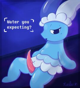 absurd_res bodily_fluids clothing darkner deltarune dialogue digital_media_(artwork) elemental_creature english_text fleesoff fool's_hat genital_fluids genitals hat headgear headwear hi_res humanoid male mizzle_(deltarune) open_mouth penis precum solo tapering_penis text undertale_(series) water water_creature