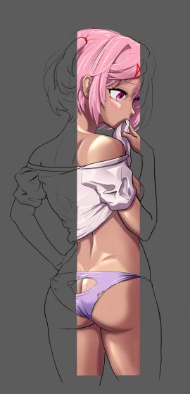 1girls ass doki_doki_literature_club female female_only human natsuki_(doki_doki_literature_club) panties pink_eyes pink_hair projektxi01 solo