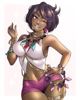 1girls 2025 2d 2d_(artwork) black_eyes black_hair cowboy_shot dangerousbride dark-skinned_female dark_skin female female_only green_nail_polish grin grinning_at_viewer hand_on_hip human human_only looking_at_viewer nail_polish nintendo olivia_(pokemon) pink_lipstick pokemon pokemon_sm questionable realistic_proportions sfw simple_background smiling smiling_at_viewer solo solo_female very_high_resolution white_background wink winking_at_viewer